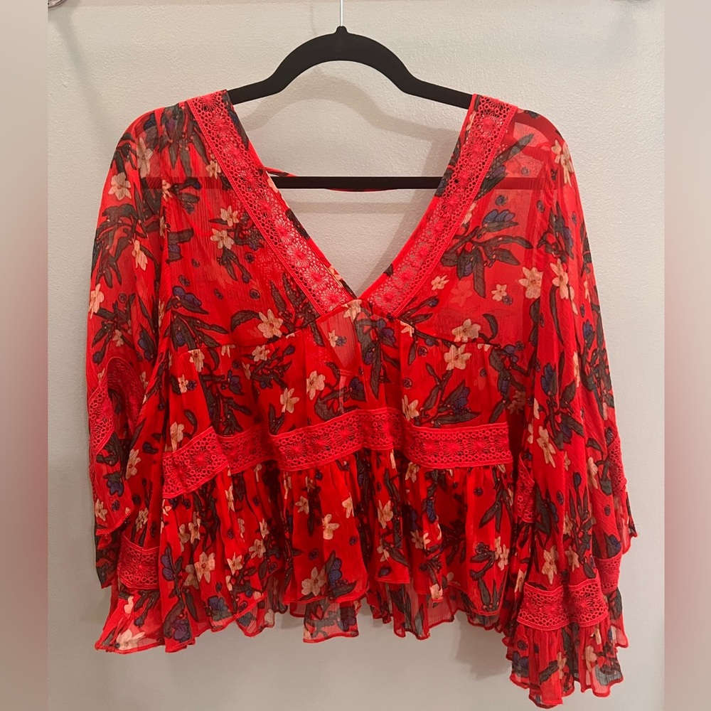 Free People Red Floral Top